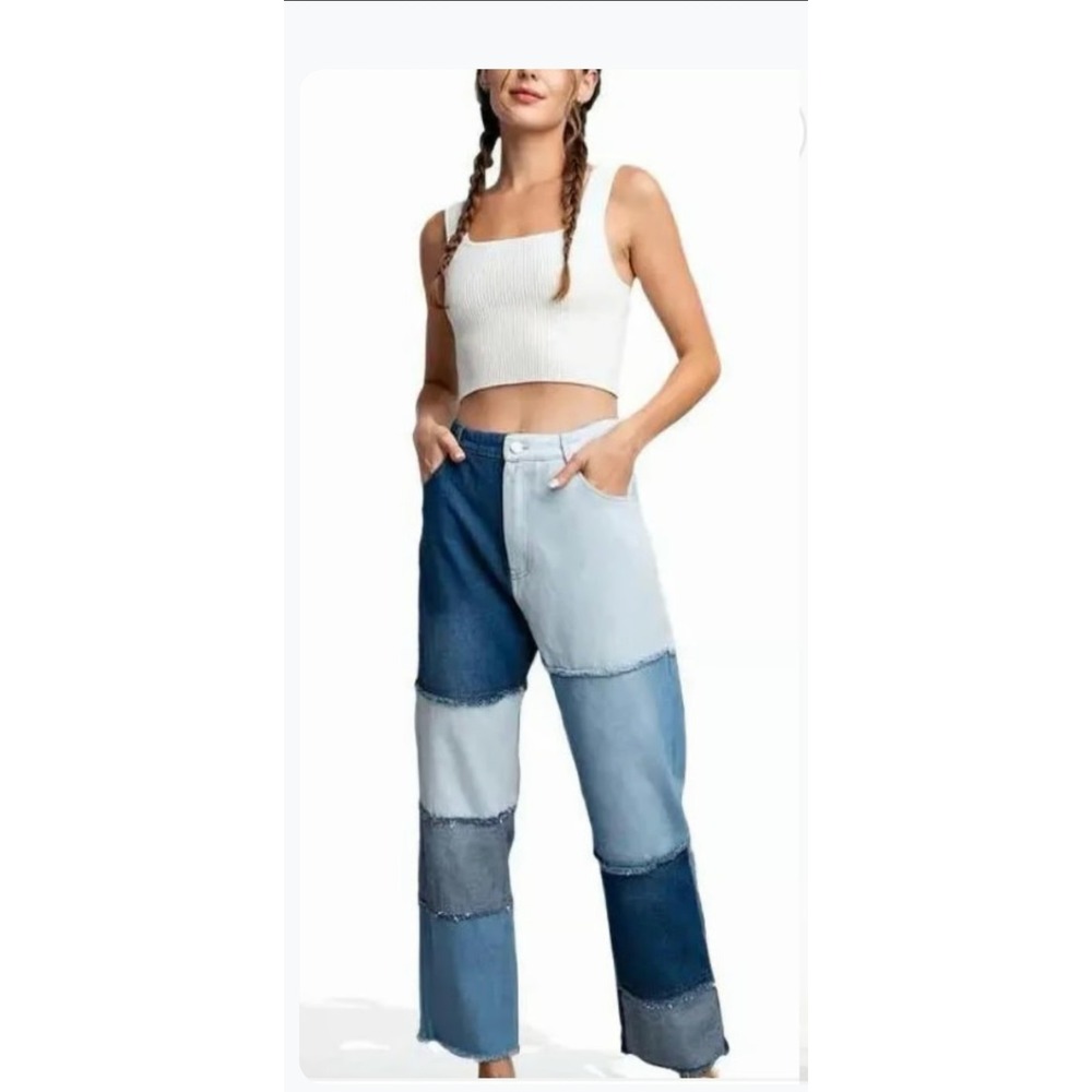 Steve Madden Jeans 25 *25x27* Womens Patchwork Blue Straight Leg Crop High Waist